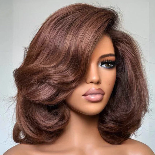 Mocha Brown Chocolate Bob Lace Front Wig Hollywood Waves Human Hair Side Part Vintage Aesthetic Wig Dark Brown Glueless Melted Lace for Black Women - Rafarada