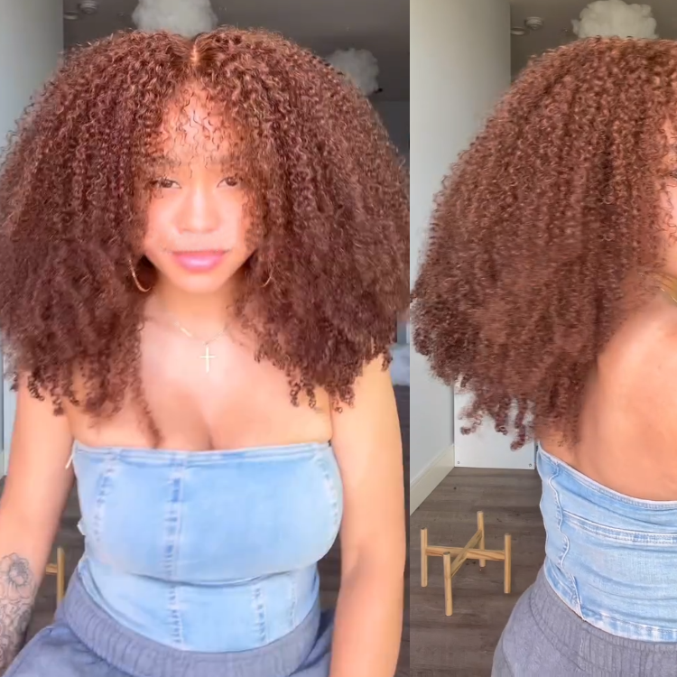 Auburn Brown Kinky Curly Lace Front Human Hair with Bangs Wigs Copper Brown Glueless Wear and Go Afro Curly Wig - Rafarada