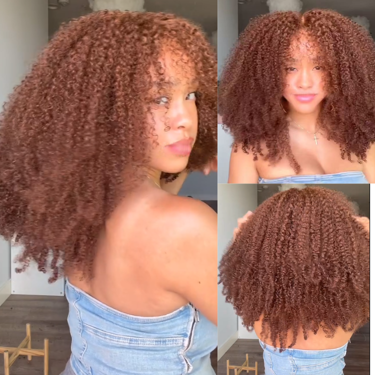 Auburn Brown Kinky Curly Lace Front Human Hair with Bangs Wigs Copper Brown Glueless Wear and Go Afro Curly Wig - Rafarada