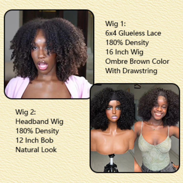 Afro Kinky Curly Headband Wig Human Hair Glueless None Lace Front Wigs Natural Black Bouncy Afro Curly Scarf Wig- Rafarada
