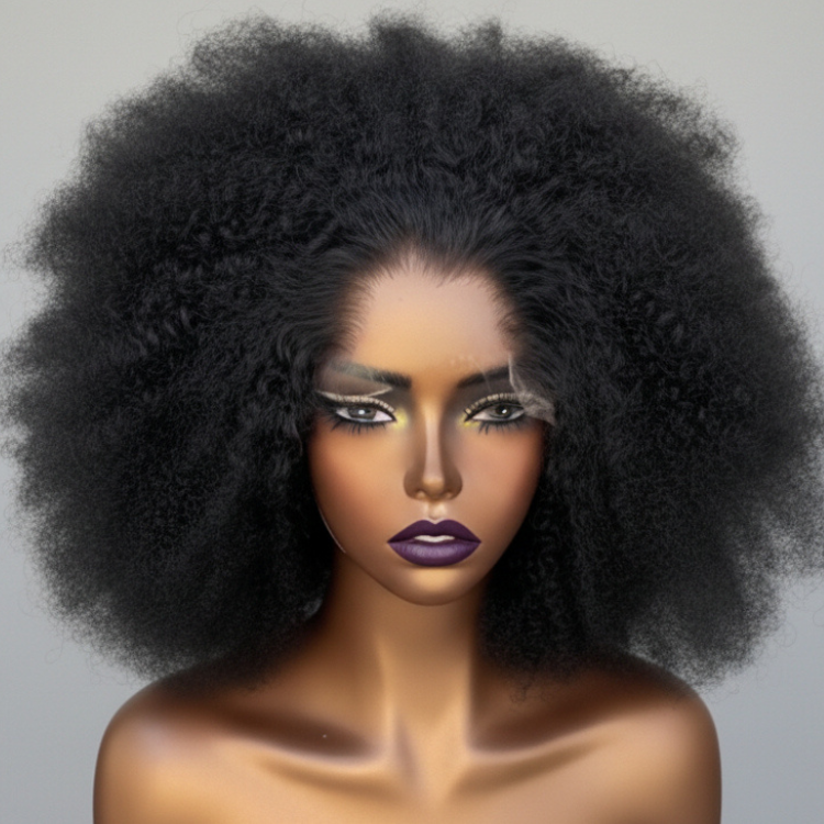 Big Bouncy Afro Curly Human Hair Lace Wig Natural Black 4C Texture Glueless Lace Wig for Women - Rafarada