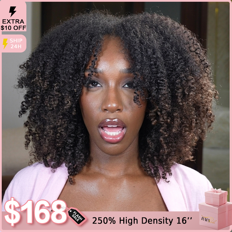 Glueless Afro Curl Human Hair Lace Front Wig Natural Black & Highlight Brown Afro Textured With 4C Edges - Rafarada