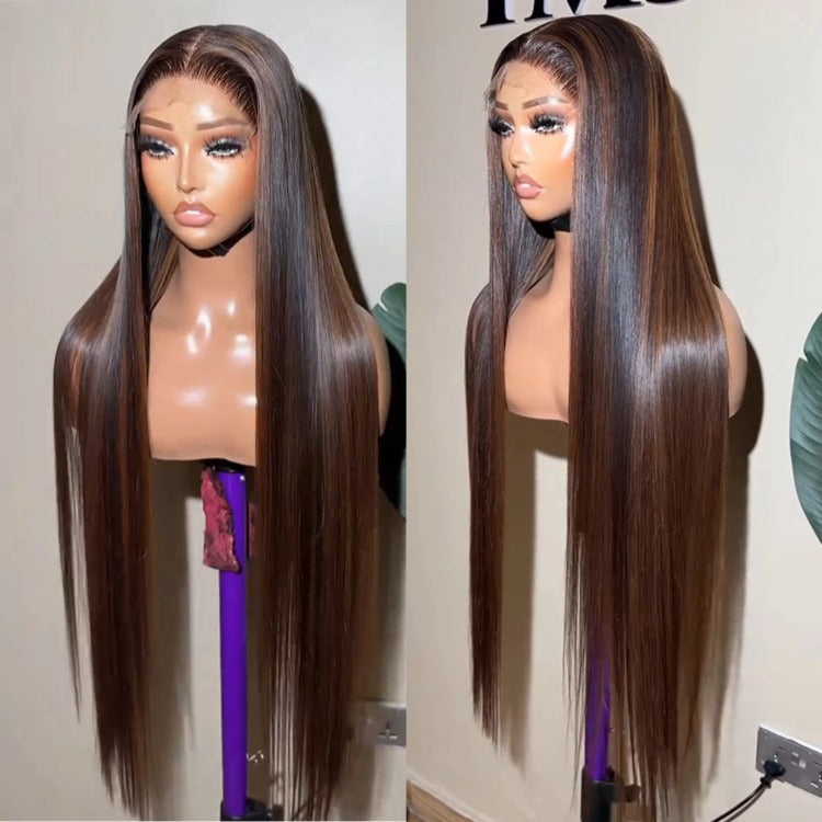 Raw Straight Hair Highlight Brown Color Human Hair Wig HD Lace Front Wig - Rafarada