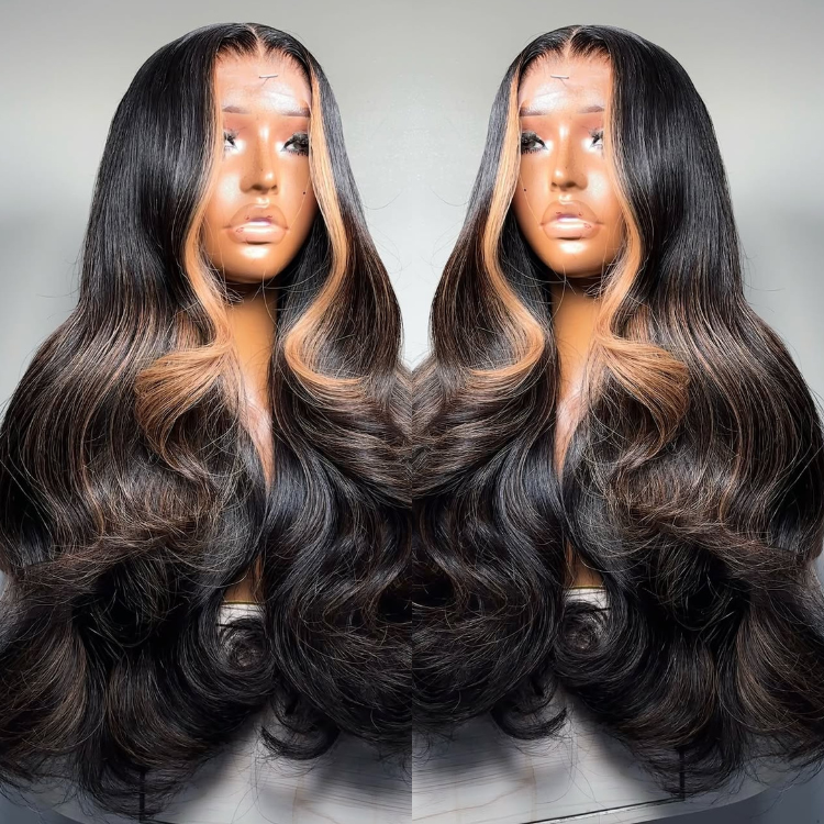 Honey Blonde Money Piece Highlight Body Wave Lace Front Wig Face-Framing Bouncy Curls Long Wavy Wig - Rafarada