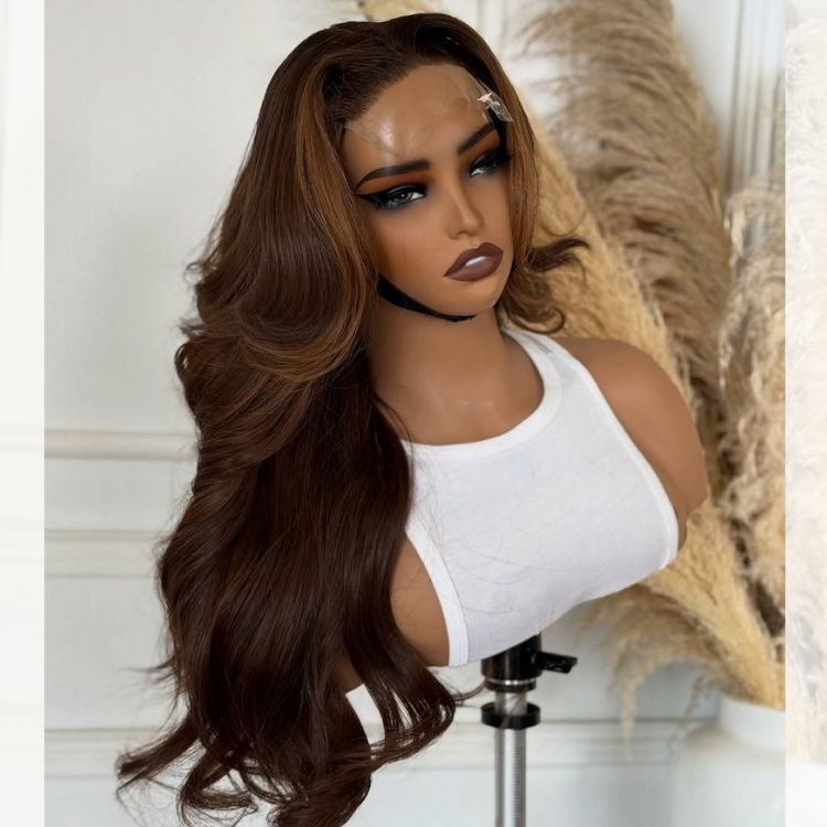 Dark Brown Loose Wave Lace Front Wig with Light Brown Face-Framing Highlights Human Hair Wig - Rafarada