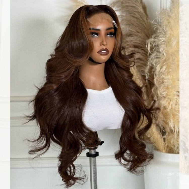 Dark Brown Loose Wave Lace Front Wig with Light Brown Face-Framing Highlights Human Hair Wig - Rafarada