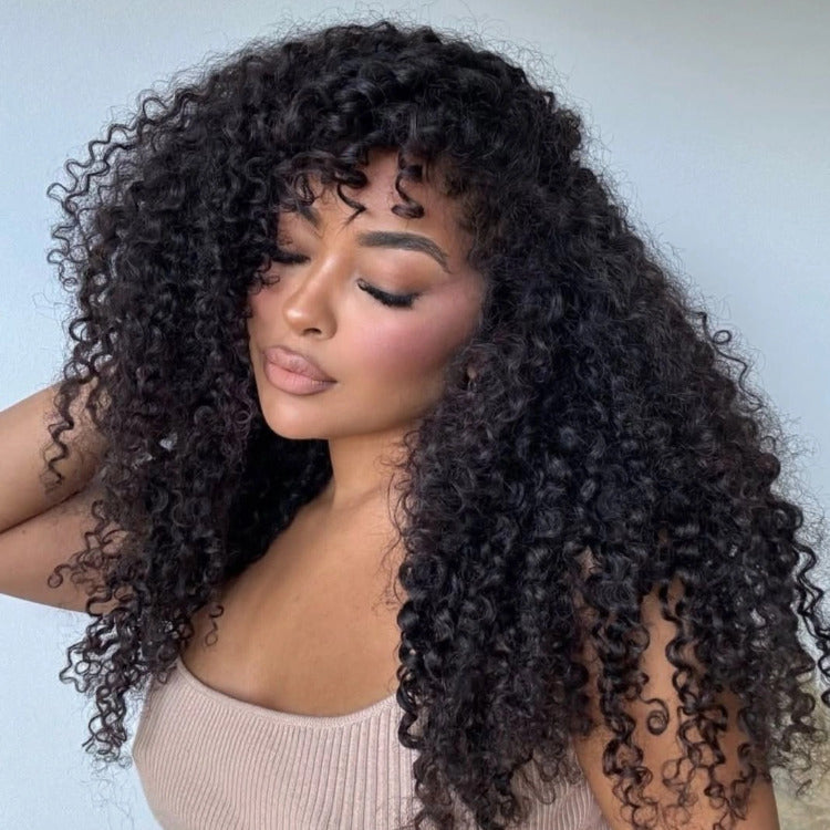 Skin Base Wig Bouncy Deep Wave Wig Full Mechanism Human Hair Wig With Bangs- Rafarada