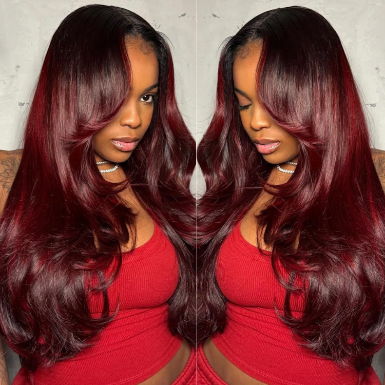 Luxury Ombre Burgundy 99J Body Wave Lace Front Wig Transparent Lace Human Hair Wig Layered Cut Blowout Style for Women - Rafarada