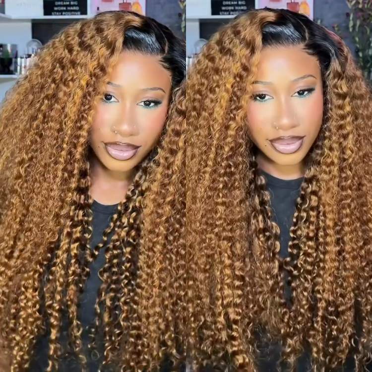 Ombre Brown Deep Curly Lace Front Human Hair Wigs Highlight Honey Brown Curly Glueless Lace Wig Pre-Plucked - Rafarada