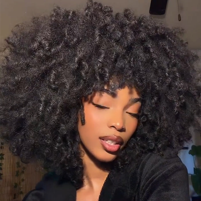 Big Afro Kinky Curly Human Hair Wig with Bangs High Density Glueless Short Curly Bob Wig - Rafarada