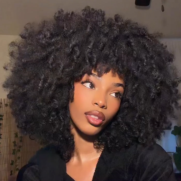 Big Afro Kinky Curly Human Hair Wig with Bangs High Density Glueless Short Curly Bob Wig - Rafarada