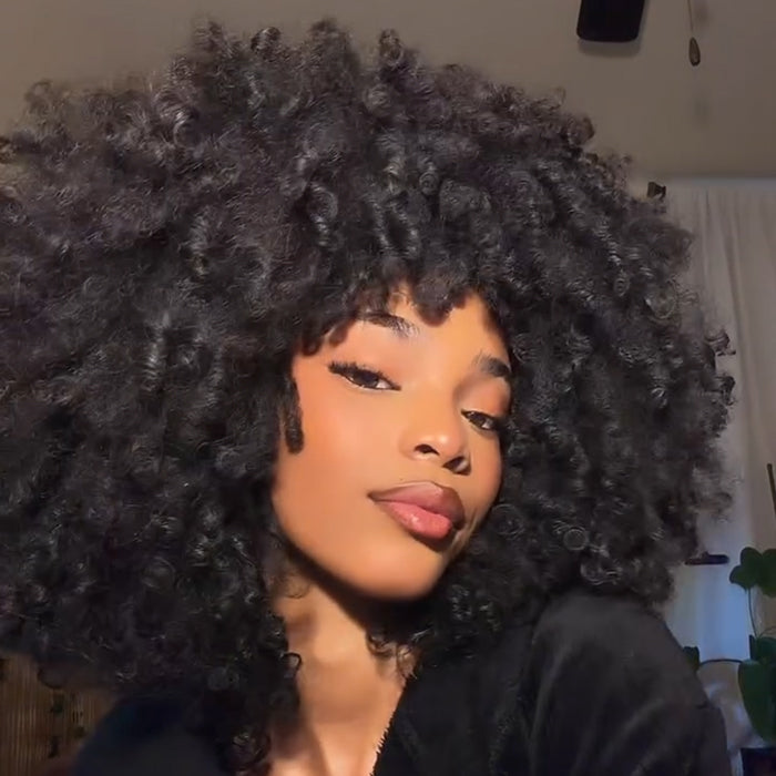 Big Afro Kinky Curly Human Hair Wig with Bangs High Density Glueless Short Curly Bob Wig - Rafarada