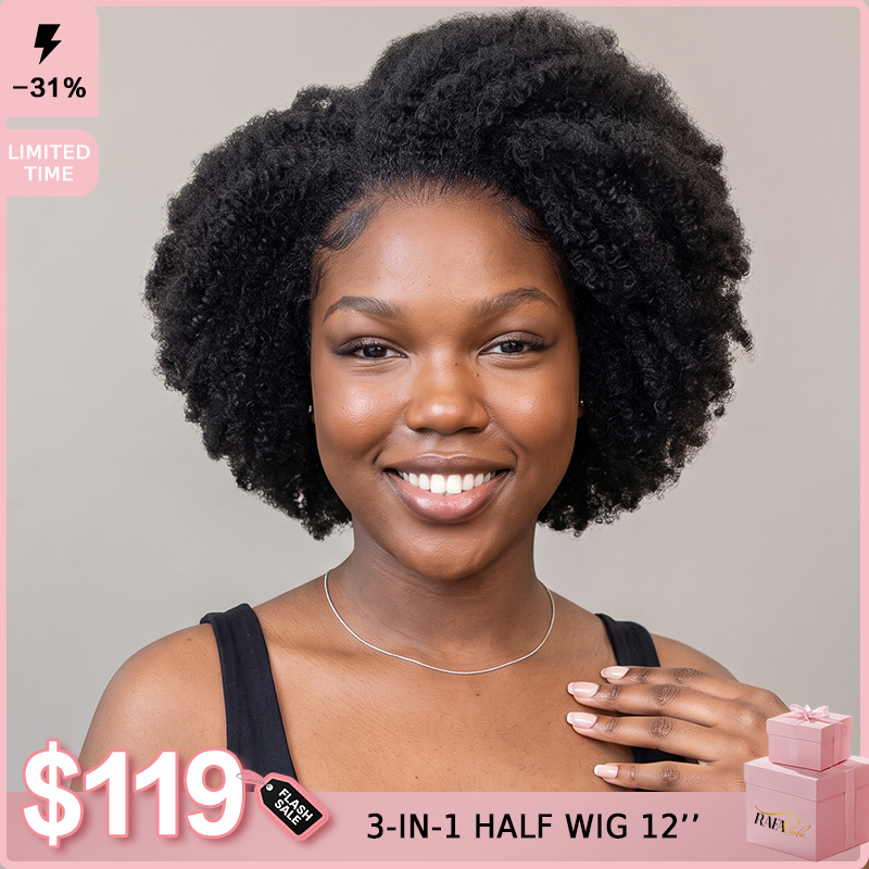 Short Afro Kinky Curly Human Hair Wig Natural Black Glueless 13x4 Lace Frontal Machine Made options - Rafarada