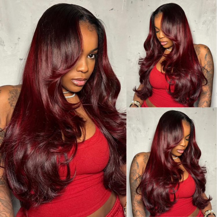 Luxury Ombre Burgundy 99J Body Wave Lace Front Wig Transparent Lace Human Hair Wig Layered Cut Blowout Style for Women - Rafarada