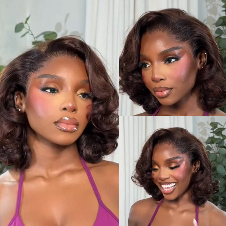 Dark Brown Bouncy Bob Wig HD Lace Front Loose Wave Human Hair Wig with Auburn - Rafarada