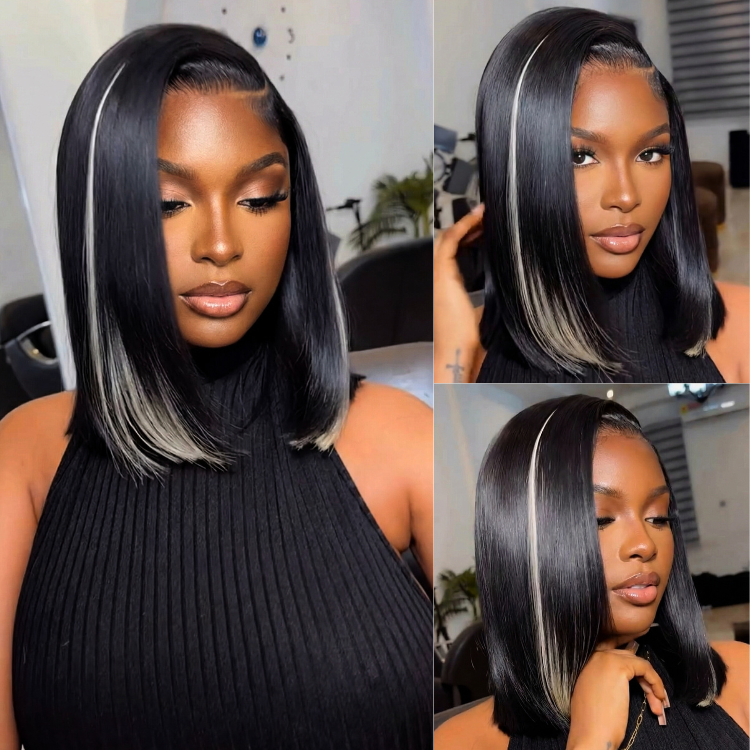 Straight Skunk Stripe Lace Front Human Hair Wigs Short Bob Cut with Silver Ash Blonde Highlights Pre Plucked Glueless Side Part Wig for Women - Rafarada