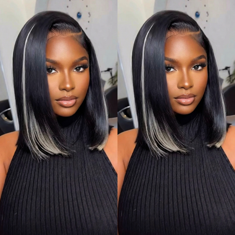 Straight Skunk Stripe Lace Front Human Hair Wigs Short Bob Cut with Silver Ash Blonde Highlights Pre Plucked Glueless Side Part Wig for Women - Rafarada