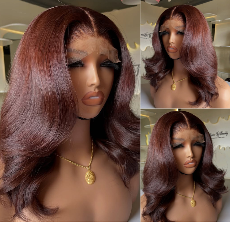 Chocolate Auburn Blowout Style Lace Wig Human Hair Face-Framing Layered Waves Natural Hairline Glueless Wig - Rafarada