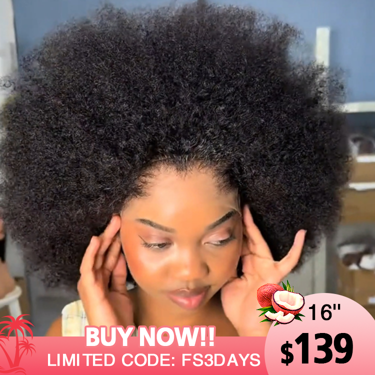 Big Bouncy Afro Curly Human Hair Lace Wig Natural Black 4C Texture Glueless Lace Wig for Women - Rafarada