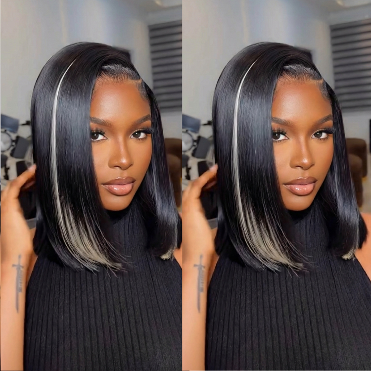 Straight Skunk Stripe Lace Front Human Hair Wigs Short Bob Cut with Silver Ash Blonde Highlights Pre Plucked Glueless Side Part Wig for Women - Rafarada
