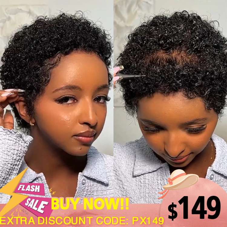 Short Pixie Cut Curly Human Hair Lace Front Wigs Natural Black Full Lace Free Part Wig for Women - Rafarada