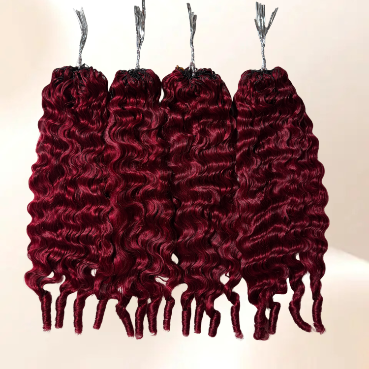99J Color Burmese Curly Feather Crochet Hair Burgundy Crochet Extension Human Hair - Rafarada
