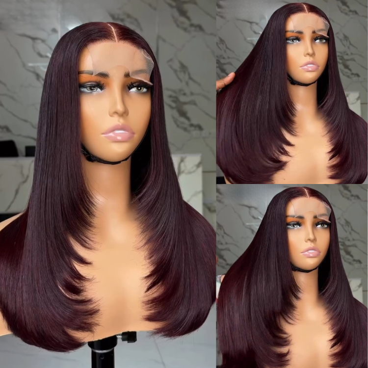 99J Straight Lace Front Human Hair Wigs with Layers Pre-plucked Dark Wine Red Layered Straight Wig for Women - Rafarada