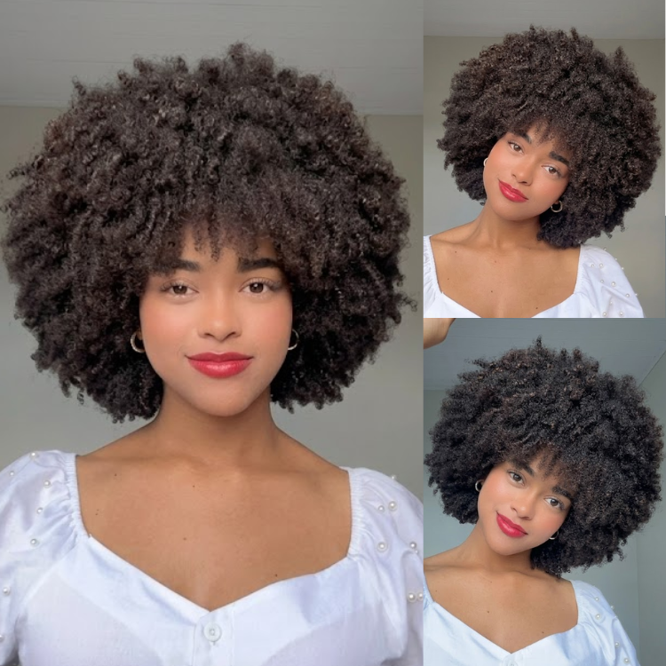 Glueless Jet Black Afro Coily Curly Human Hair Wig with Fringe | High Density Bouncy Short Voluminous Bob Wig- Rafarada