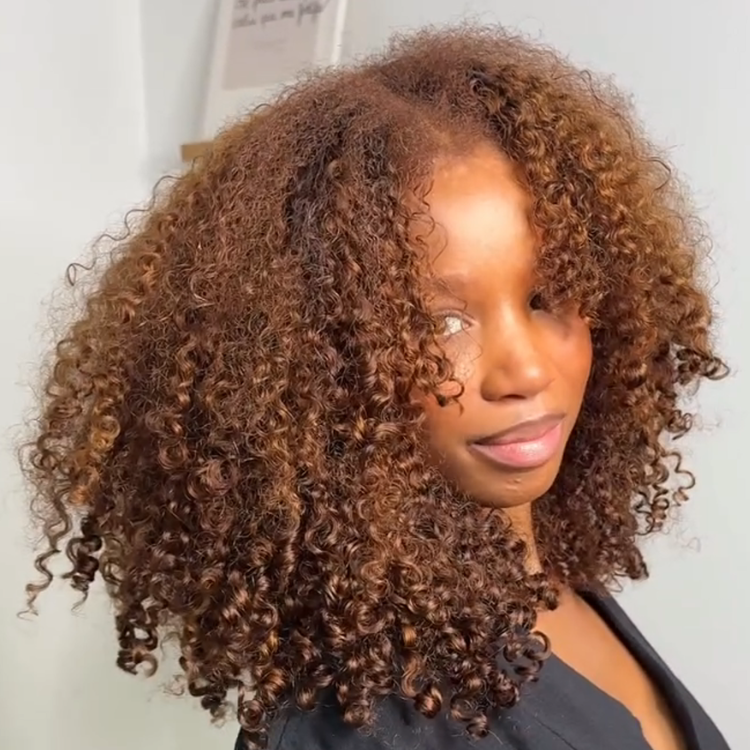 Bob Afro Curly 100% Human Hair Wig Warm Brown Ombre Glueless Lace Wig Pre-Plucked Hairline for Women- Rafarada