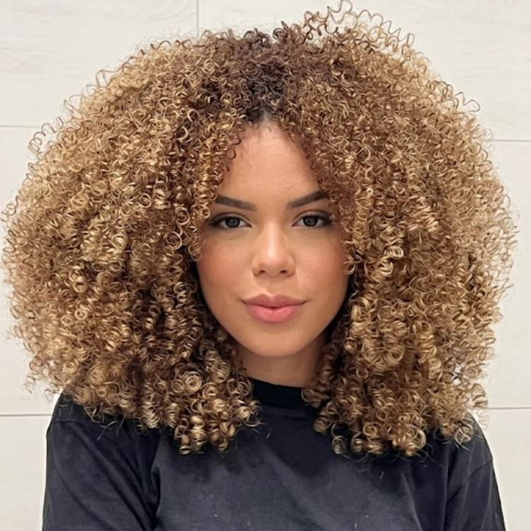 Honey Blonde Highlight Kinky Curly Lace Front Wig - Pre-Plucked Glueless Human Hair Wig with Ombre Brown Roots- Rafarada