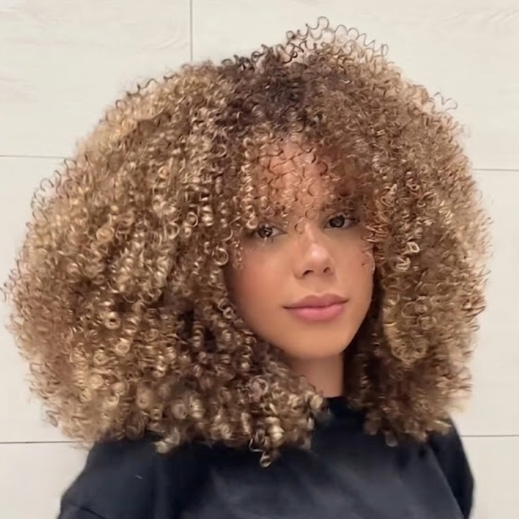 Honey Blonde Highlight Kinky Curly Lace Front Wig - Pre-Plucked Glueless Human Hair Wig with Ombre Brown Roots- Rafarada