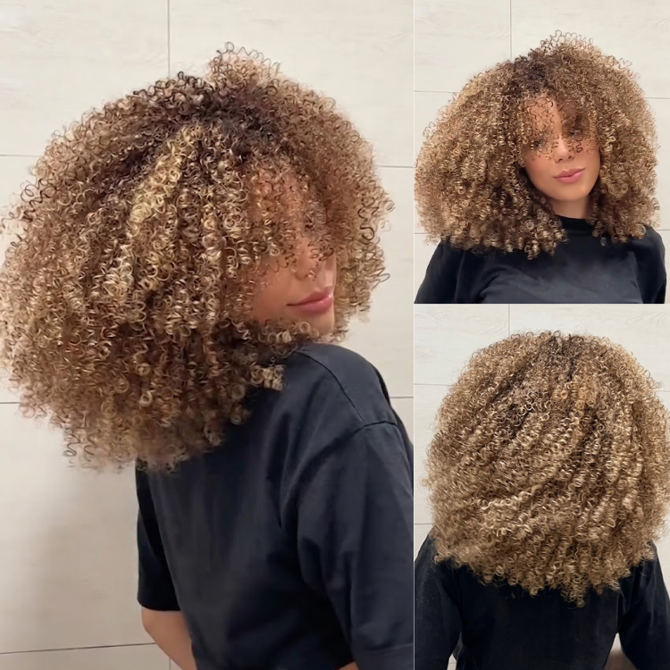 Honey Blonde Highlight Kinky Curly Lace Front Wig - Pre-Plucked Glueless Human Hair Wig with Ombre Brown Roots- Rafarada