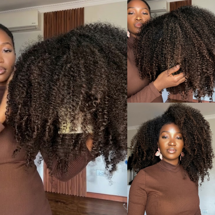 Glueless Black to Chocolate Brown Ombre with Golden Honey Highlights Voluminous Afro Kinky Coily Lace Front Wig High Density Bouncy Tipped Human Hair Wig- Rafarada