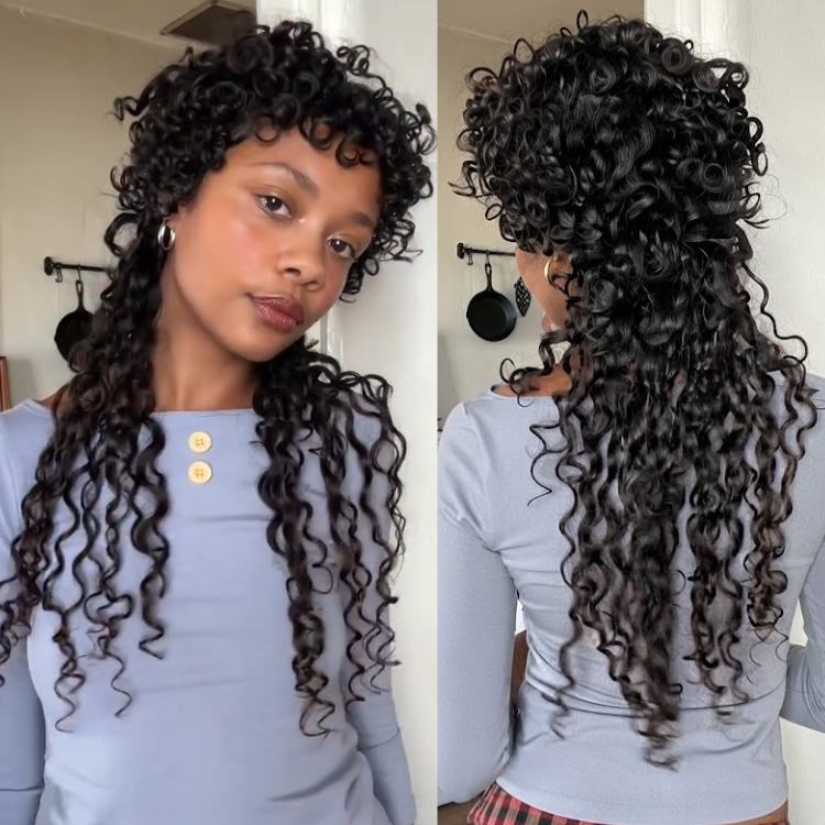 Natural Black Layered Mullet Afro Kinky Curly Human Hair Wig with Bangs - Short Top Long Back Tight Spiral Coils V-Shape Wig for Women- Rafarada