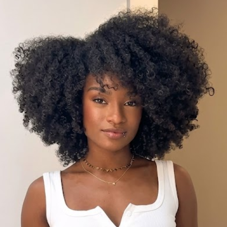 Natural Black High-Volume Afro Kinky Curly Human Hair Wig with Defined S-Curve Ringlets and Front Fringe- Rafarada