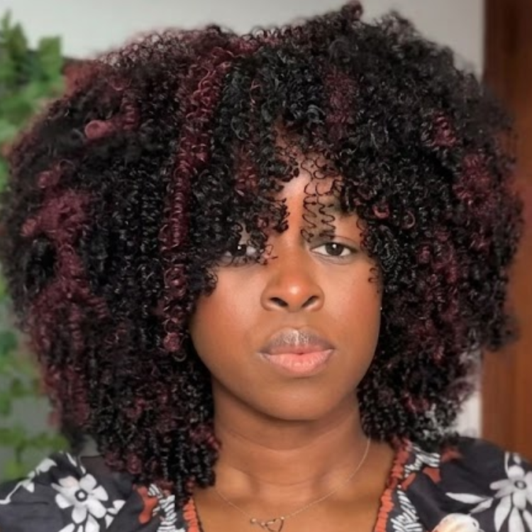 Glueless Burgundy Highlight Afro Kinky Curly Wig with Bangs 4x4 Lace Wine Red Highlighted Human Hair Wigs Bouncy Tight Coil Fringe Wig Pre-Plucked & Beginner Friendly - Rafarada