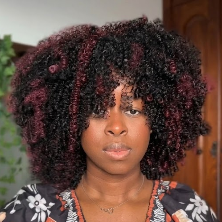 Glueless Burgundy Highlight Afro Kinky Curly Wig with Bangs 4x4 Lace Wine Red Highlighted Human Hair Wigs Bouncy Tight Coil Fringe Wig Pre-Plucked & Beginner Friendly - Rafarada