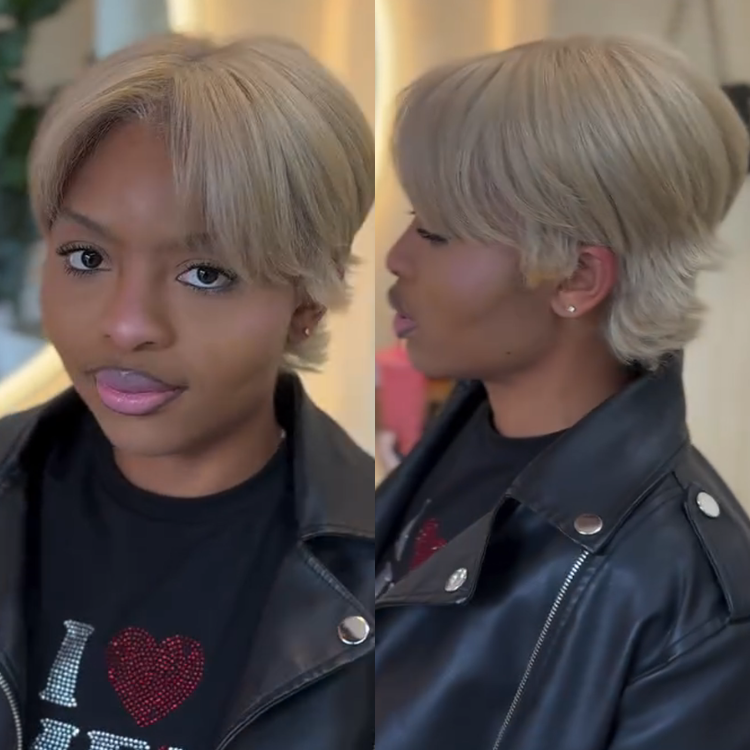 Ash Blonde Layered Pixie Cut Human Hair Wig with Curtain Bangs | Textured Waves | Glueless Full Skin Cap - Rafarada