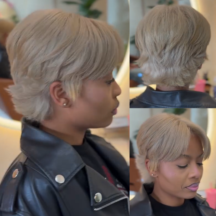 Ash Blonde Layered Pixie Cut Human Hair Wig with Curtain Bangs | Textured Waves | Glueless Full Skin Cap - Rafarada