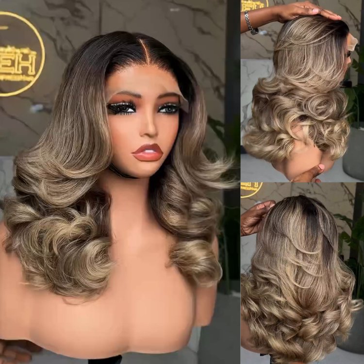 Ombre Ash Blonde Highlights on Dark Roots Midi Bob Cut Voluminous Feathered Layers HD Lace Pre-plucked Human Hair Wig- Rafarada