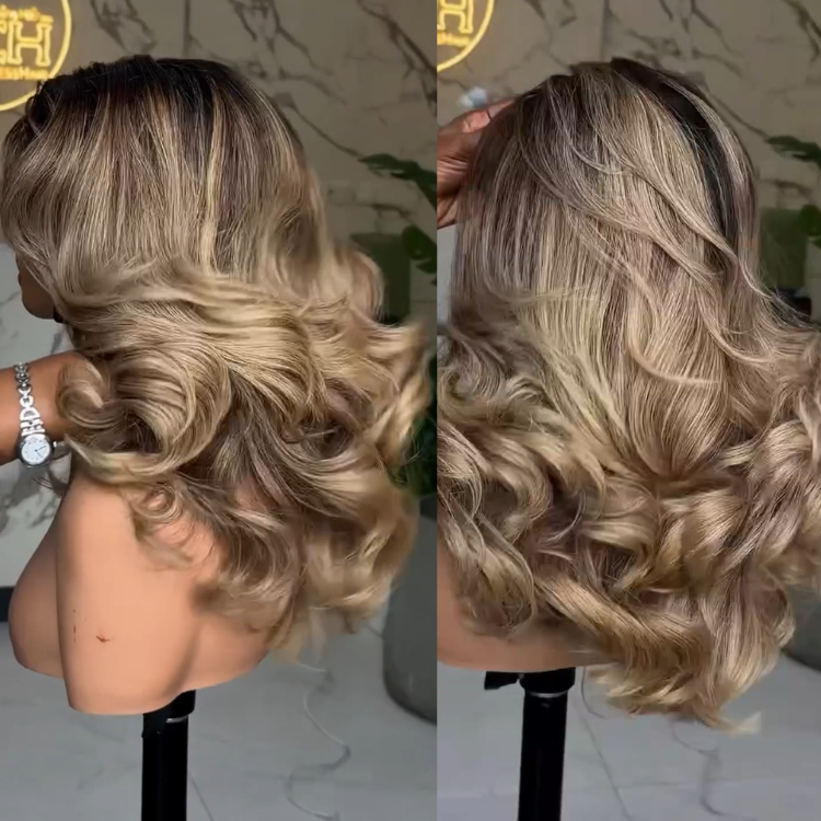 Ombre Ash Blonde Highlights on Dark Roots Midi Bob Cut Voluminous Feathered Layers HD Lace Pre-plucked Human Hair Wig- Rafarada