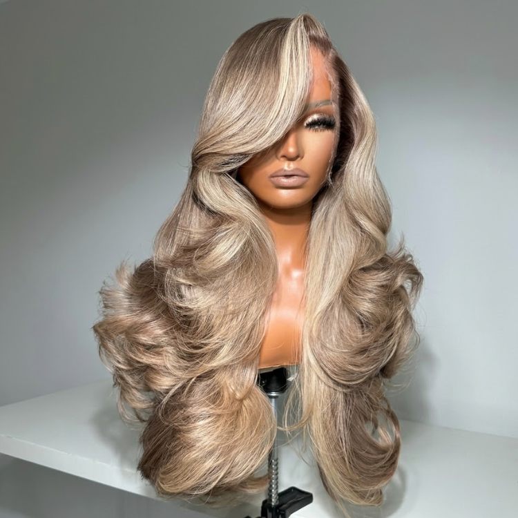 Ash Platinum Blonde Balayage Layered Blowout Wave 13x4 Wear Go Wig Pre Cut Lace Glueless Wig - Rafarada