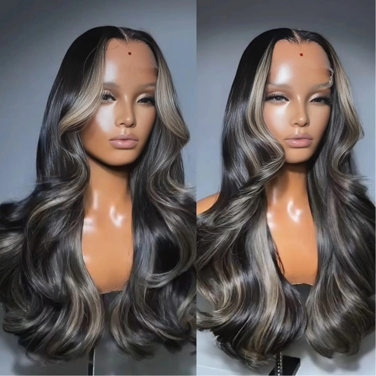 Highlight Color Body Wave Human Hair Balayage Hair Skunk Stripe 220% Density Wig - Rafarada