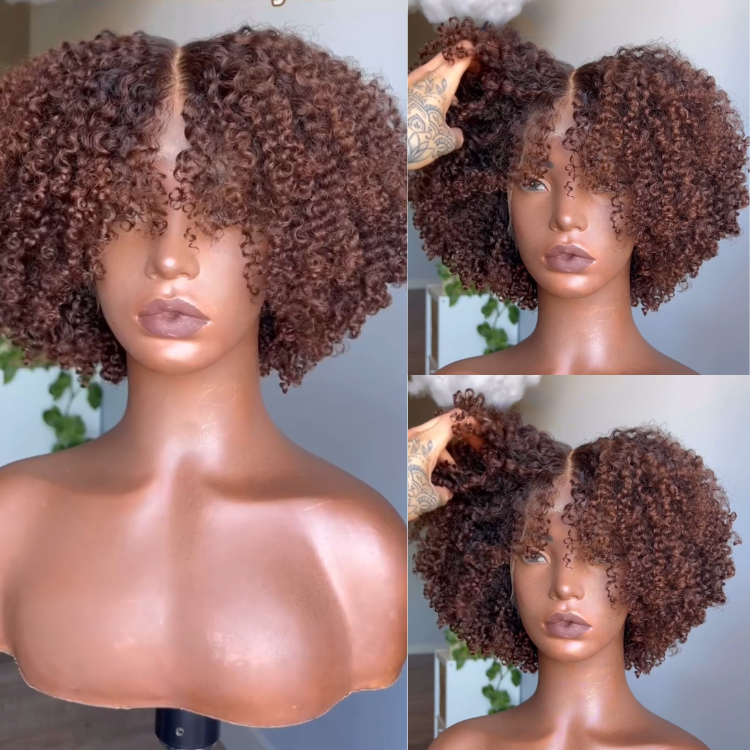 Auburn Brown Kinky Curly Bob Wig Middle Part Short Afro Curly Human Hair Wig with Natural Hairline Glueless Beginner Friendly - Rafarada