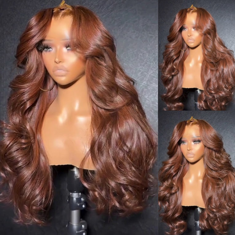 Auburn Chestnut Brown Deep Wave Glueless Wig with Big Bouncy Curls, Pre Plucked HD Lace Frontal Human Hair Wig, Middle Part Curtain Layered Cut Wig- Rafarada
