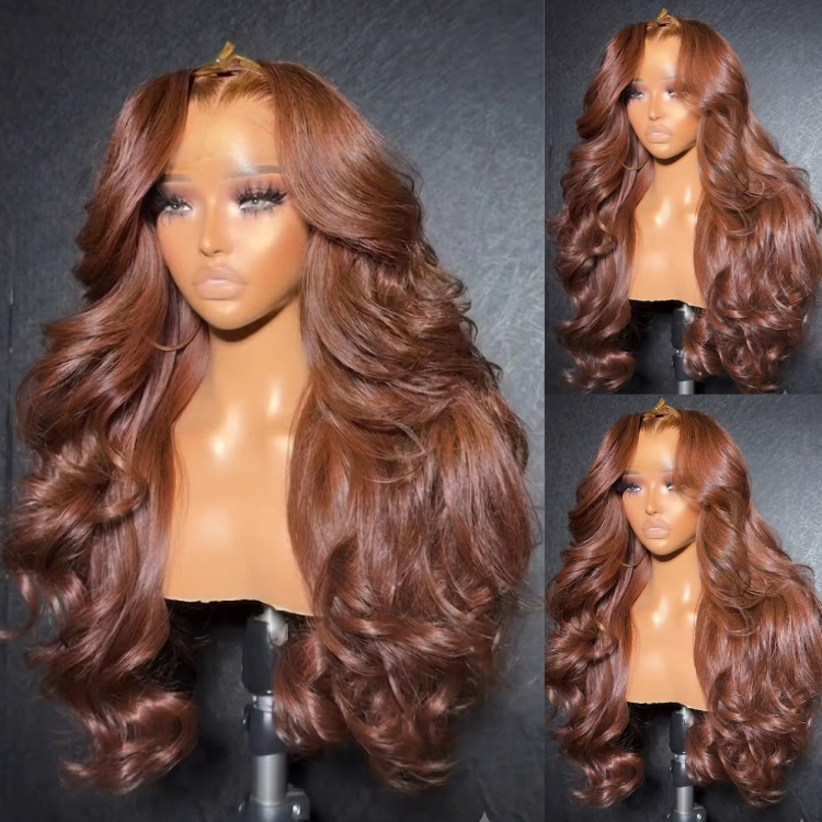 Auburn Chestnut Brown Deep Wave Glueless Wig with Big Bouncy Curls, Pre Plucked HD Lace Frontal Human Hair Wig, Middle Part Curtain Layered Cut Wig- Rafarada