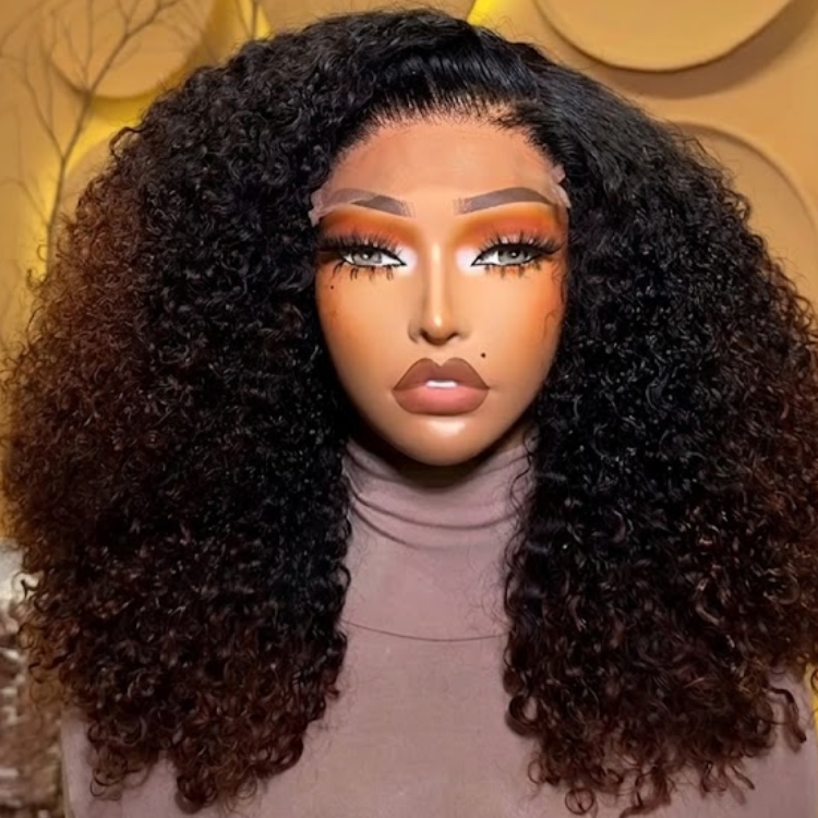 Dark Roots Ombre Auburn Kinky Curly Wig - Voluminous Jerry Curly Glueless Human Hair Wig- Rafarada