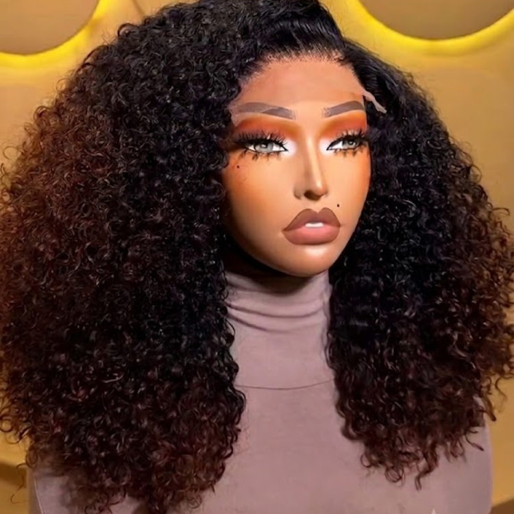 Dark Roots Ombre Auburn Kinky Curly Wig - Voluminous Jerry Curly Glueless Human Hair Wig- Rafarada