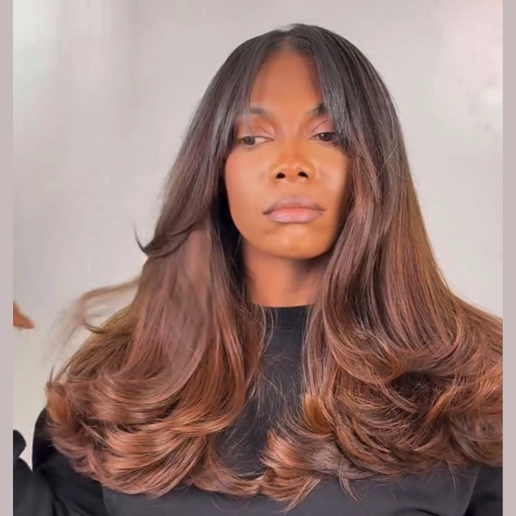 Ombre Auburn Brown Layered Blowout Wig Big Feathered Ends Natural Look Lace Wig - Rafarada