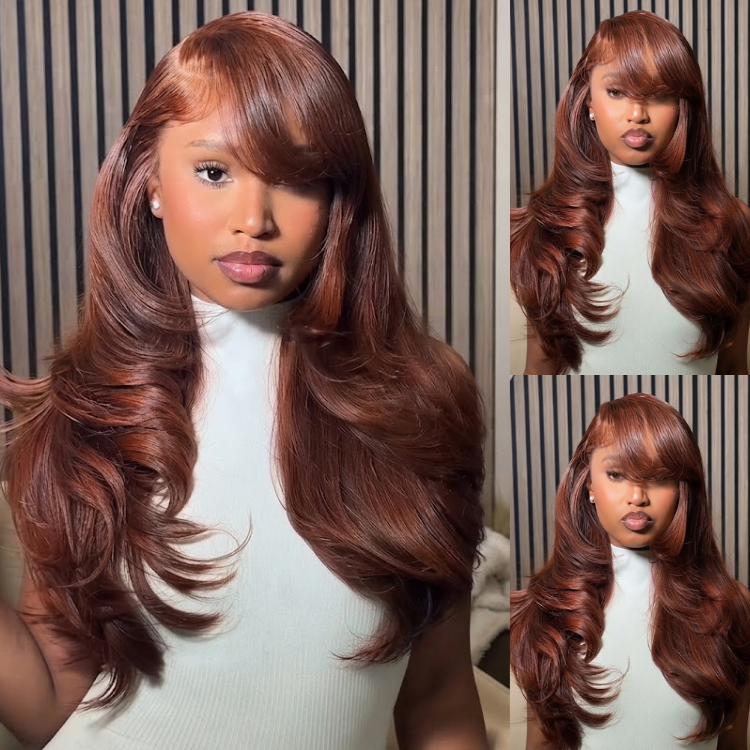 Auburn and Copper Balayage Body Wave Lace Front Human Hair Wig with Face-Framing Layers and Bangs- Rafarada